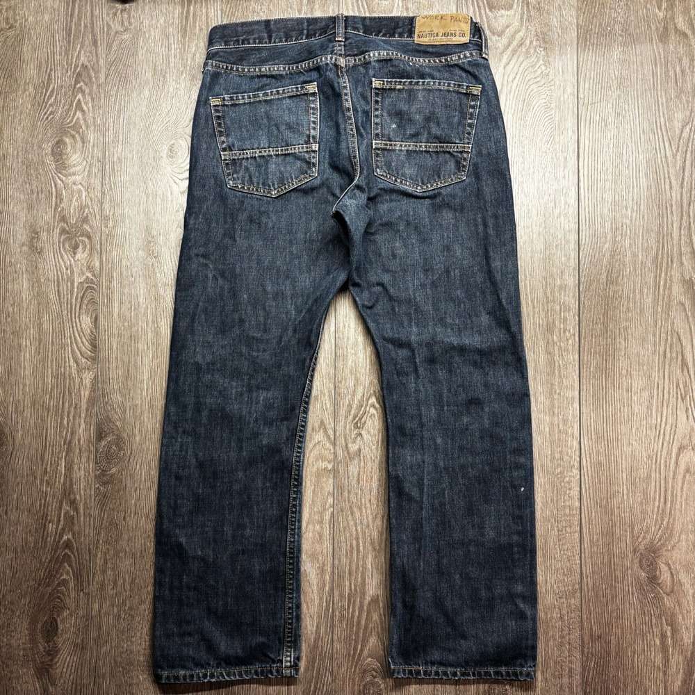 Nautica Jeans Co Mens 34x30 Boot Cut Dark Wash Denim Work Pants Y2K Blue Indigo